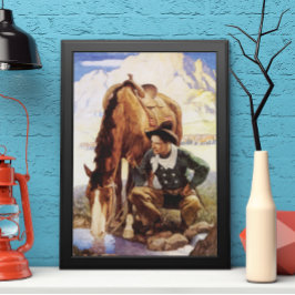 Vintage Kunst, Cowboy Watering Seines Pferdes durc Poster