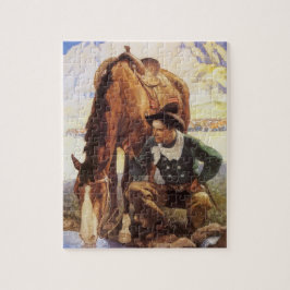 Vintage Kunst, Cowboy Watering Seines Pferdes durc Puzzle