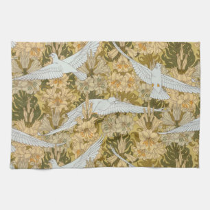 Vintage Kunst-Deko-Tauben und Blumen Handtuch