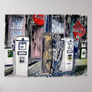 Vintage Kunst der Tankstelle des Weges 66 Poster