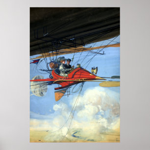 Vintage Kunst des fliegenden Futuristikflugzeugs Poster