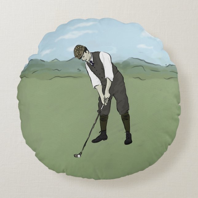 Vintage Kunst des Golfspieler-V1 Rundes Kissen (Vorderseite)
