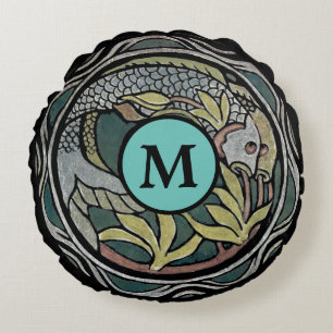 Vintage Kunst & Handwerk Stilvorlage Koi Fisch Rundes Kissen