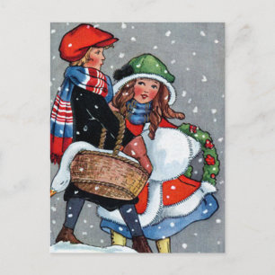 Vintage-Kunst Junge_Mädchen_Weihnachten Feiertagspostkarte