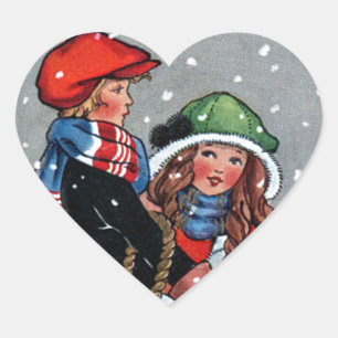 Vintage-Kunst Junge_Mädchen_Weihnachten Herz-Aufkleber