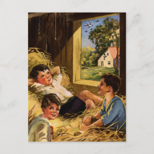 Vintage-Kunst Jungen auf dem Bauernhof im Sommer Postkarte