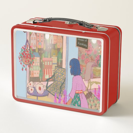 Vintage-Kunst-Lunchbox Rot Metall Brotdose (Rückseite)