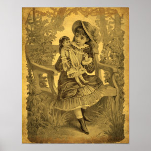 Vintage-Kunst Mädchen mit Puppe gealtert Poster