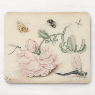 Vintage Kunst mit einer blassrosa Rose und Insekte Mousepad