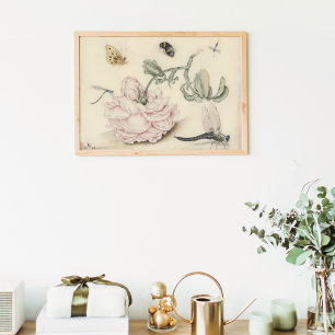 Vintage Kunst mit einer blassrosa Rose und Insekte Poster