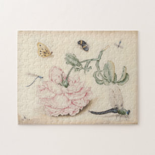 Vintage Kunst mit einer blassrosa Rose und Insekte Puzzle