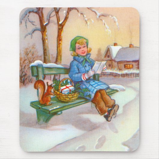Vintage Kunst von Dame und Eichhörnchen Mousepad (Vorne)