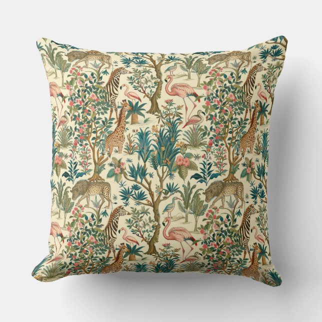 Vintage Kunst, Zebras-Giraffen, Flamingo, Vögel, l Kissen (Vorderseite)