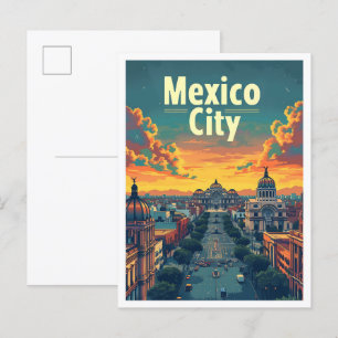 Vintage Kunstreise in Mexiko Stadt - Illustration Postkarte