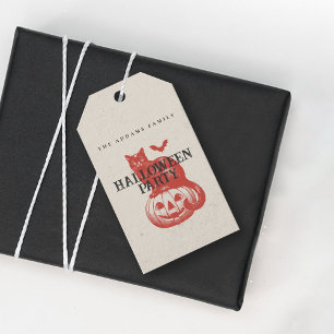 Vintage-Kürbis-Katze-Fledermaus-Orange-Rot-Hallowe Geschenkanhänger