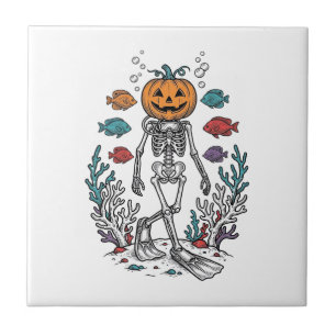 Vintage-Kürbis-Skelett-Taucher-Halloween-Fisch-Des Fliese