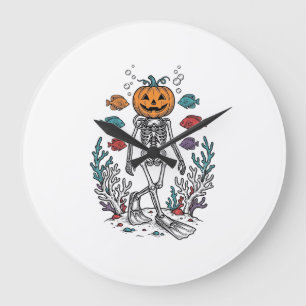 Vintage-Kürbis-Skelett-Taucher-Halloween-Fisch-Des Große Wanduhr