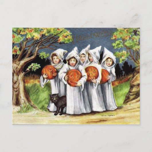 Vintage Kürbiskatzenkätzchen Halloween Feiertagspostkarte (Vorderseite)
