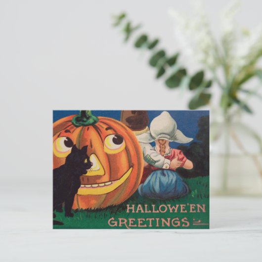 Vintage Kürbiskatzenkätzchen Halloween Feiertagspostkarte (Stehend Vorderseite)