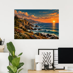 Vintage Küstenlandschaft mit Leuchtturm als Wandku Poster