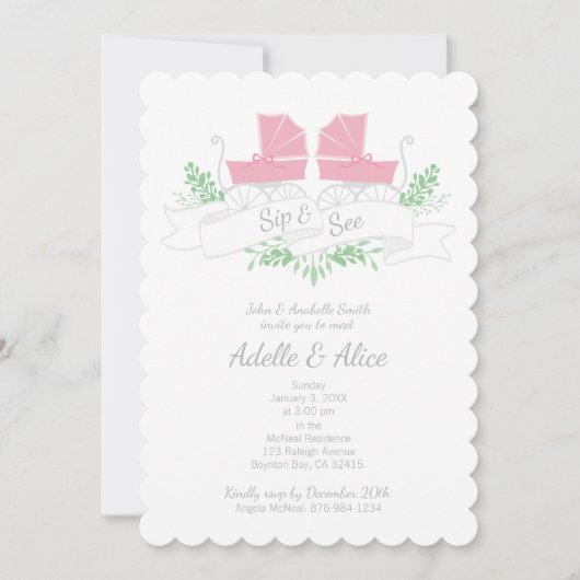 Vintage Kutsche SIP & SIEHE rosa Kinderwagen Einladung (Vorderseite)