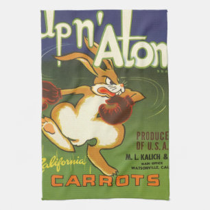 Vintage-Label-Art Boxer-Kaninchen, Up n Atom Karot Küchentuch