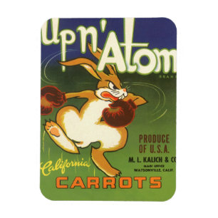 Vintage-Label-Kunst Boxen Hase, Up n Atom Karotten Magnet