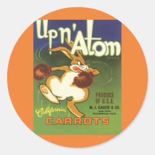 Vintage-Label-Kunst Boxen Hase, Up n Atom Karotten Runder Aufkleber
