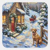 Vintage Labrador Retriever Christmas Cottage Quadratischer Aufkleber (Vorderseite)