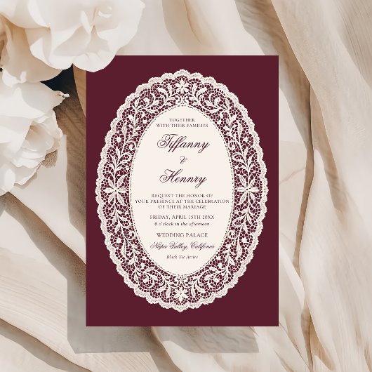 Vintage Lace Burgundy Wedding Invitation Einladung