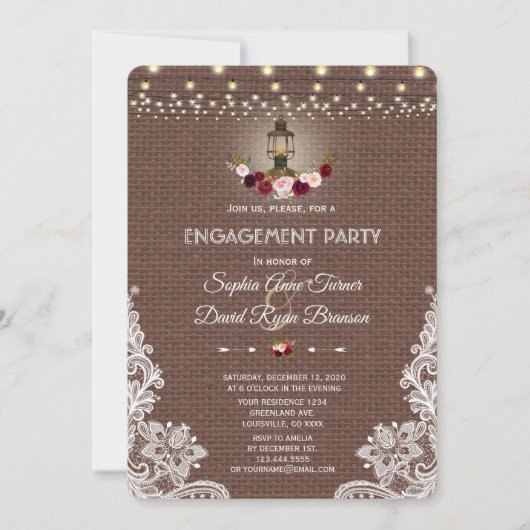 Vintage Lace Burlap-String-Leuchtenleuchten-Partei Einladung (Vorderseite)