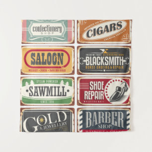 Vintage Ladenplakatsammlung. Zinn für Retro Wandteppich