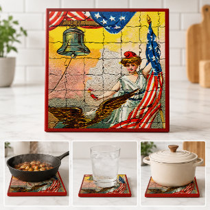 Vintage Lady, Adler, Flagge und Liberty Bell Mosai Fliese