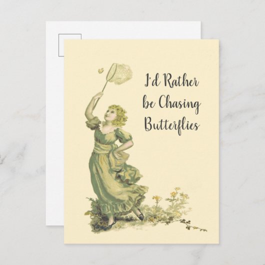 Vintage Lady Chasing Butterflies Postkarte (Vorne/Hinten)