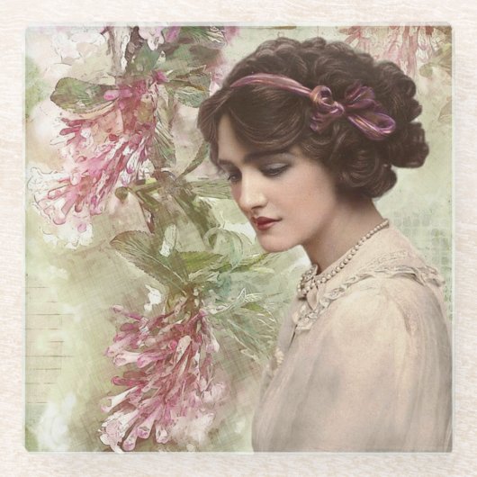 Vintage Lady Elegant Rosa Blütenwelt Glasuntersetzer (Vorderseite)