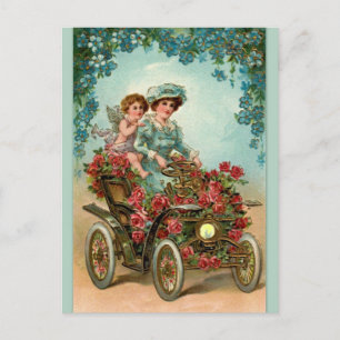 Vintage Lady fährt Auto mit Engel Postkarte