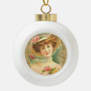 Vintage Lady Floral Hat Keramik Ball Ornament