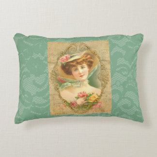 Vintage Lady Floral Hat Minze Green Imitate Spitze Dekokissen