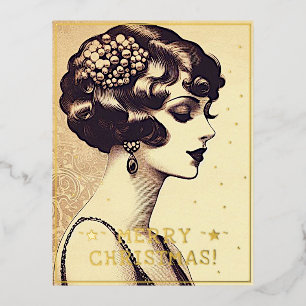 Vintage Lady Frohe Weihnachtsgrüße Retro Pic Folien Feiertagspostkarte