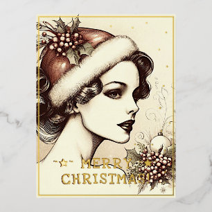 Vintage Lady Frohe Weihnachtsgrüße Retro Pic Folien Feiertagspostkarte
