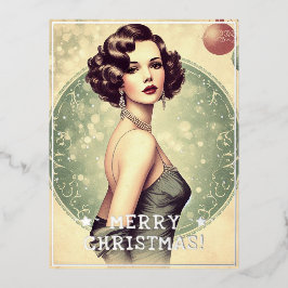 Vintage Lady Frohe Weihnachtsgrüße Retro Pic Folien Feiertagspostkarte