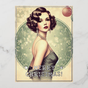 Vintage Lady Frohe Weihnachtsgrüße Retro Pic Folien Feiertagspostkarte