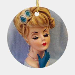 Vintage Lady Head Vase Blue Rose und Glove Hand Keramik Ornament