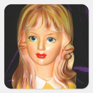Vintage Lady Head Vase Teen mit Squiggles Quadratischer Aufkleber