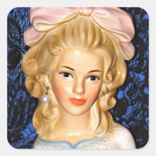 Vintage Lady Head Vase Teen Pink Bow 1960er Quadratischer Aufkleber