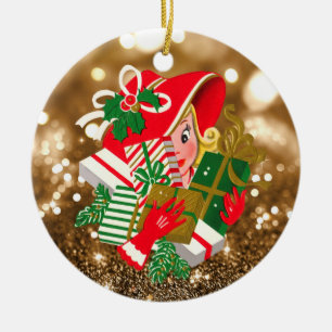 Vintage Lady Holding Weihnachtsgeschenke Gold Boke Keramik Ornament