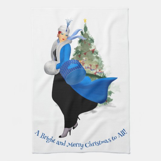 Vintage Lady in Blue Christmas Gruß Geschirrtuch (Vertikal)