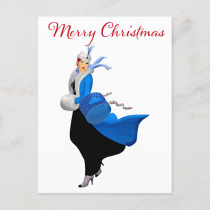 Vintage Lady in Blue Christmas Gruß Postkarte