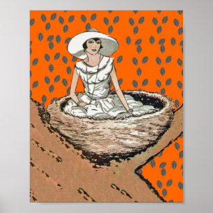 Vintage Lady in den Blätter des Weißbrunnens Poster