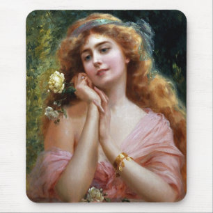 Vintage Lady in Rosa mit gelber Rose Mousepad
